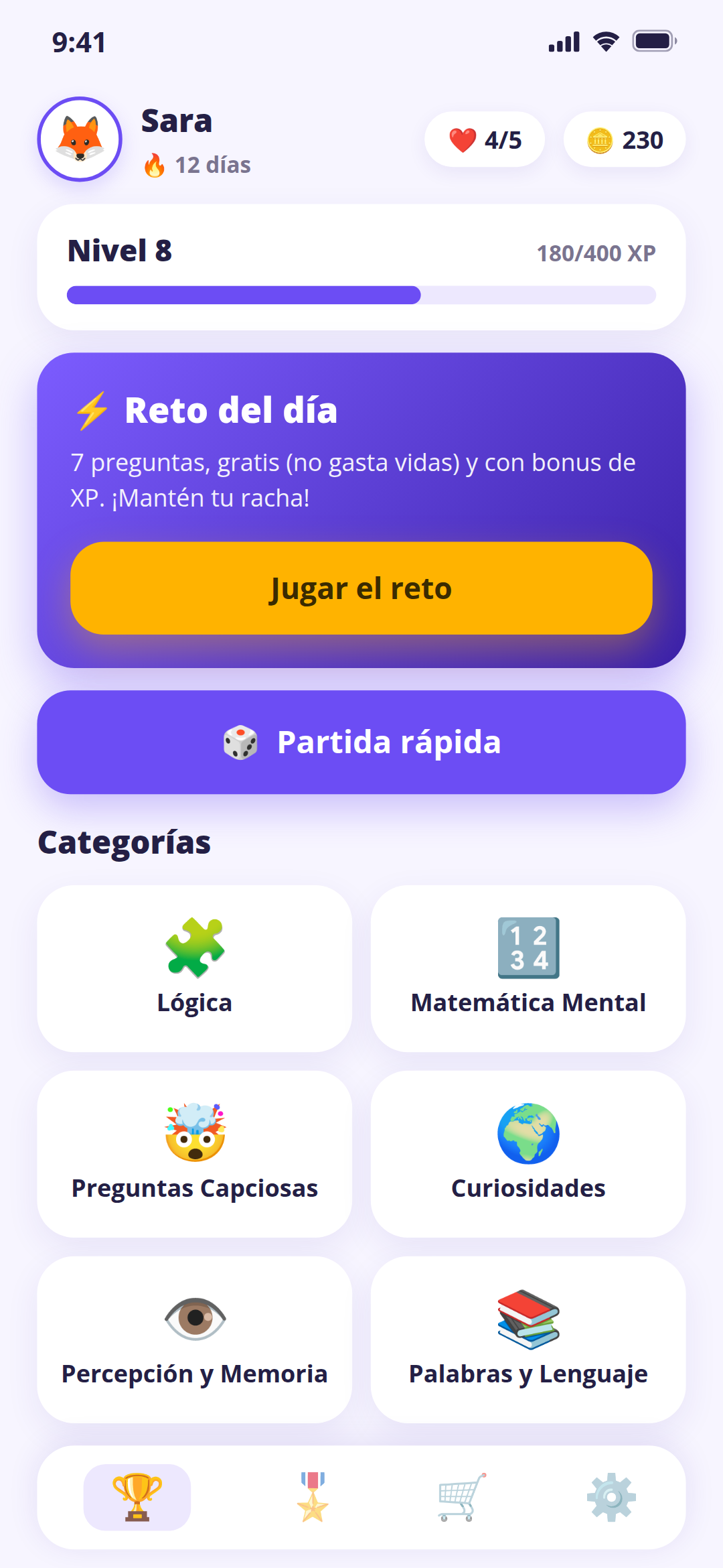 Pantalla principal de BrainTrain con reto diario y racha