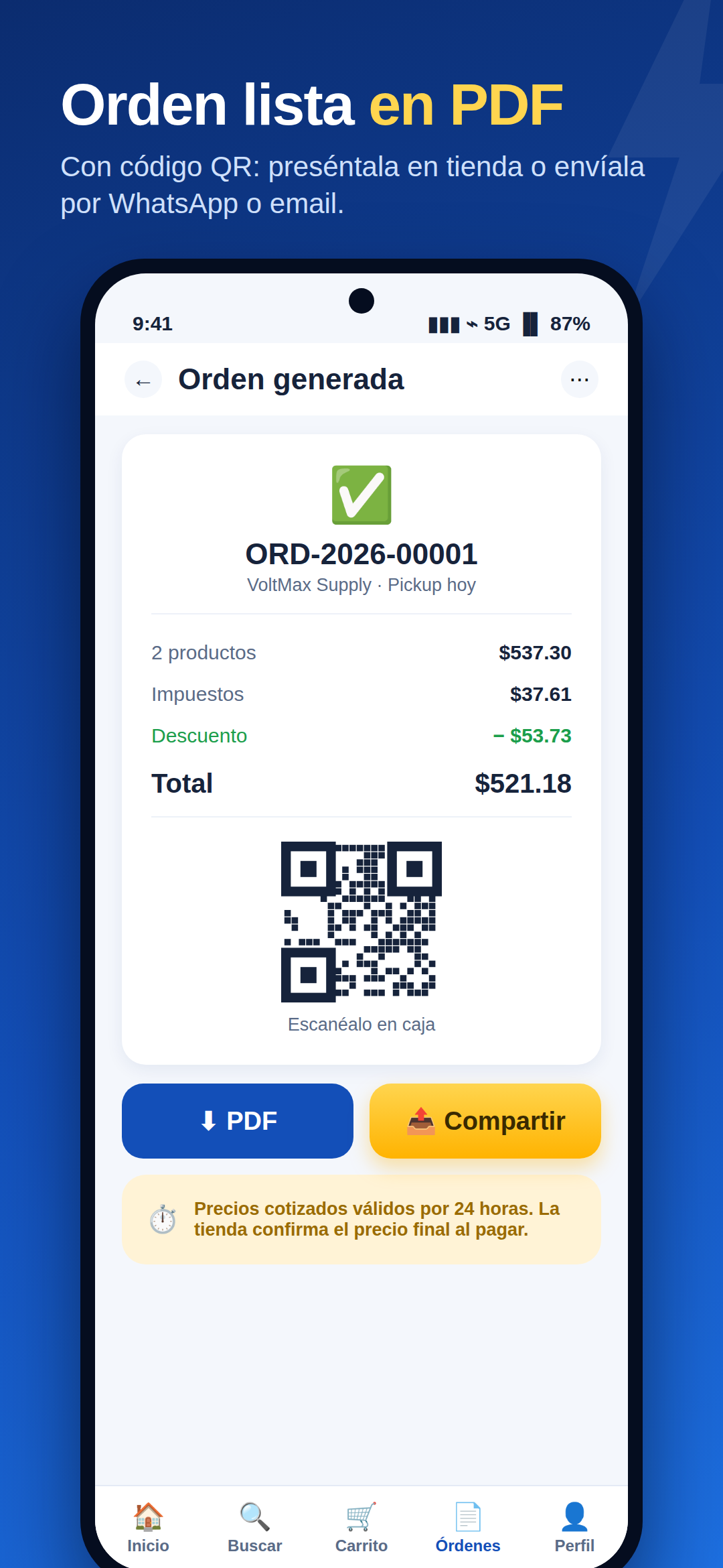 Orden de compra PDF con código QR