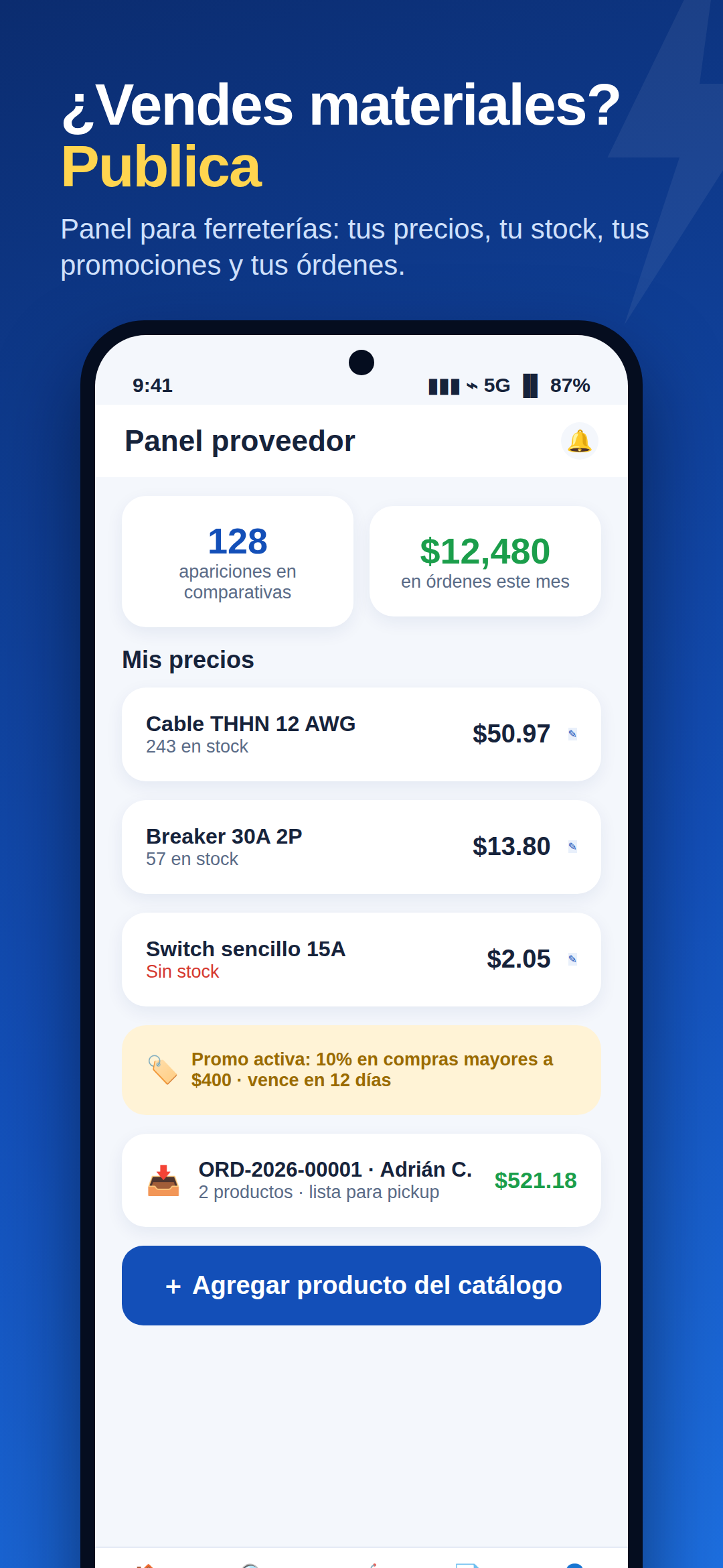 Panel de proveedores de Estimat Pro