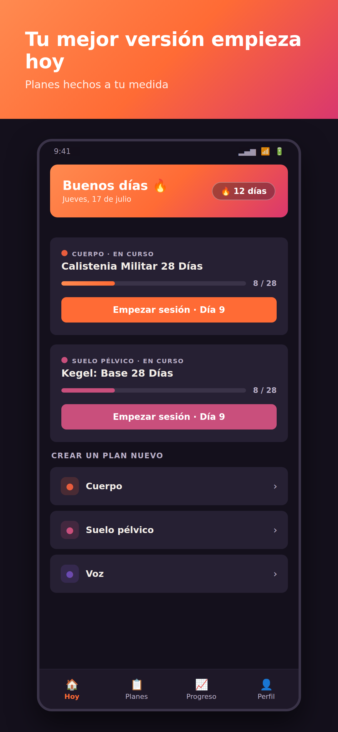Pantalla de inicio de Fénix con la Sesión Exprés y las seis áreas de bienestar