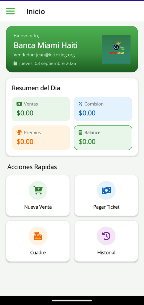 Inicio de la app con el resumen del día del vendedor