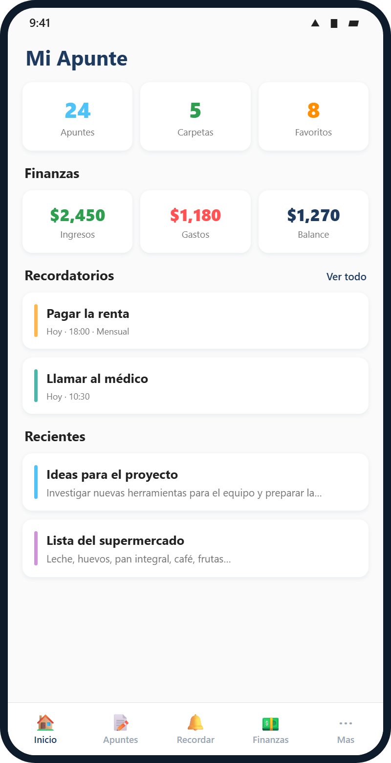 Pantalla de inicio de Mi Apunte con contadores de carpetas, apuntes y resumen de finanzas