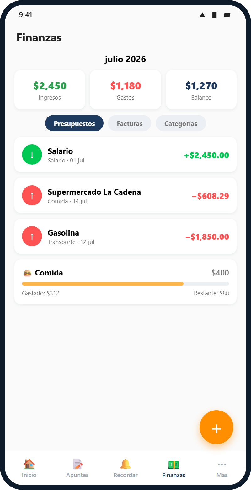 Pantalla de finanzas de Mi Apunte con ingresos y gastos diferenciados