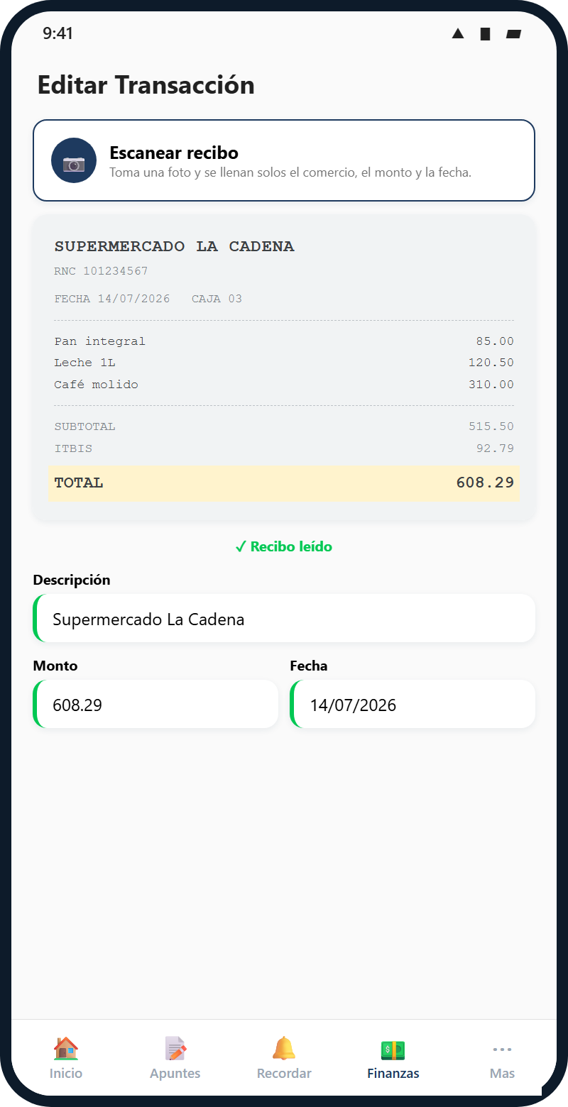 Mi Apunte escaneando un recibo y llenando la descripción, el monto y la fecha automáticamente